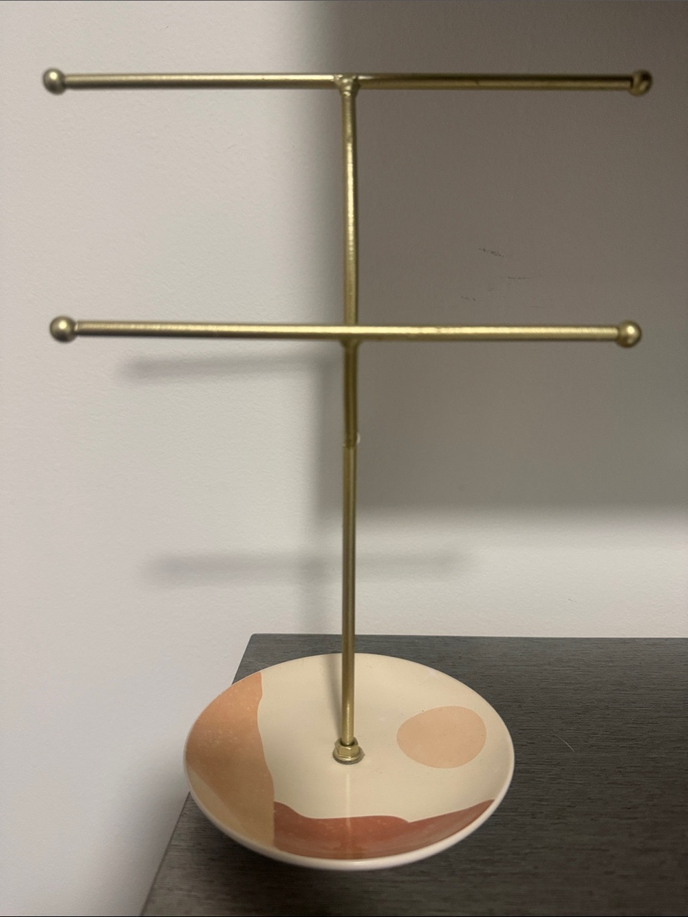 Two-Tier Jewelry T-Stand with Ceramic Catch-All - Gold and Cream